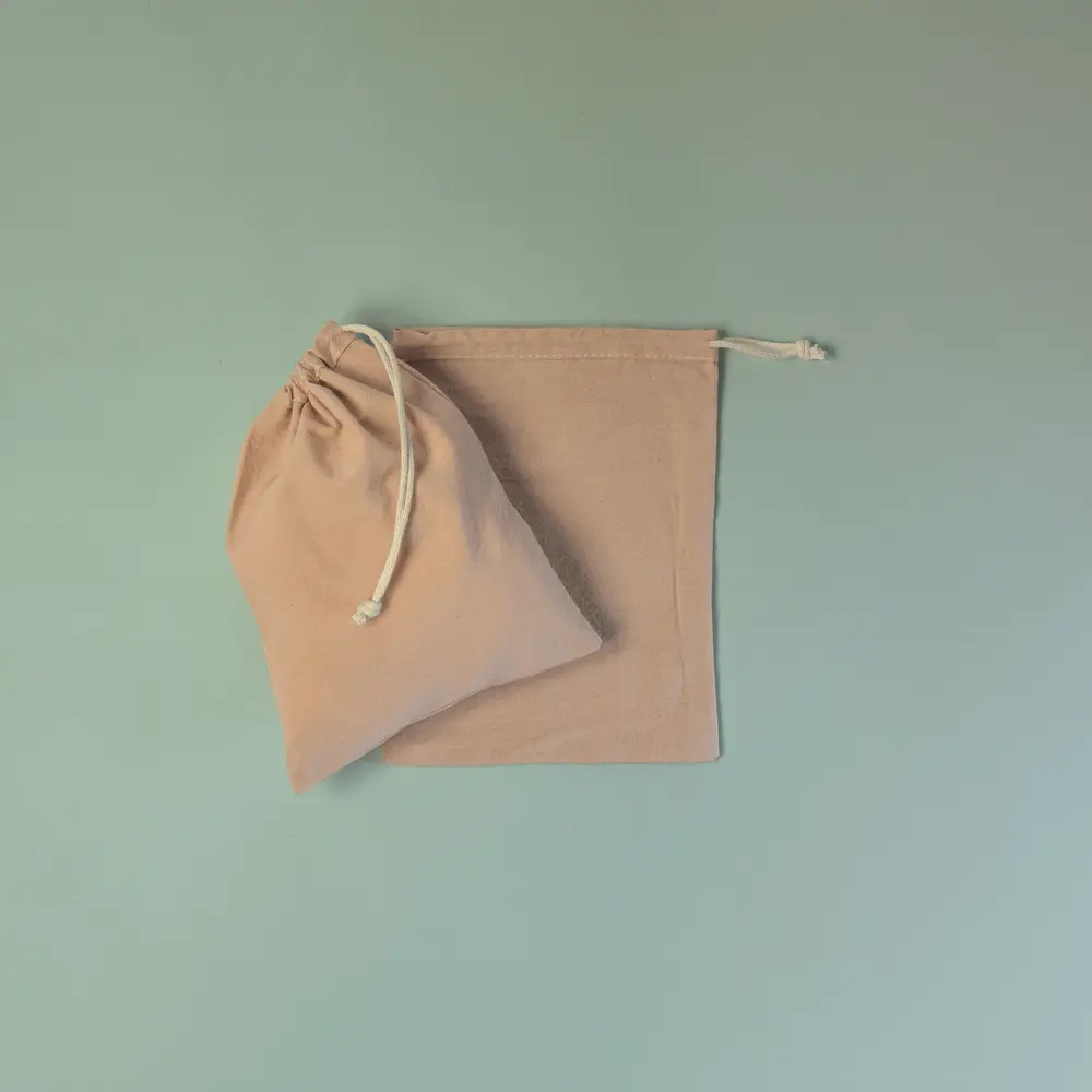 Bolsa 15x20 cm Tela Tusor 100% Algodón Rosa - Cierre de Ahorque Cordón Crudo - 1